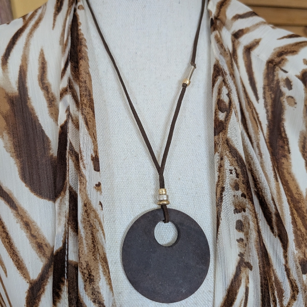 J. Jill Natural Brown Circular Stone Pendant Adjustable Cord Necklace NWT